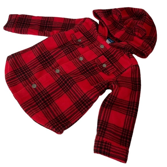 Old Navy Red & Black Plaid Snap Button Hooded Jacket Baby Girl 18-24 Months - Picture 3 of 13